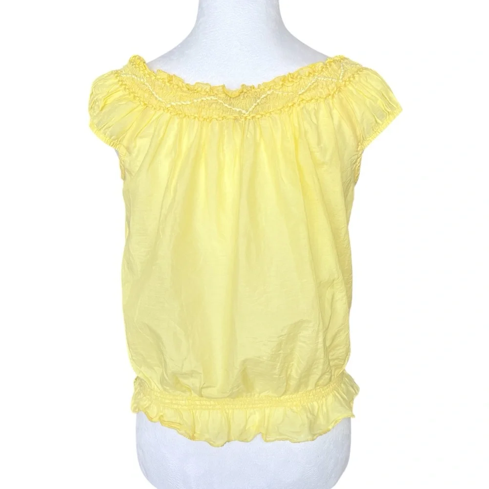 Coco Cabana Yellow Smocked Neck Cap-Sleeve Sheer Top Silk Cotton Blend XS - Picture 3 of 8